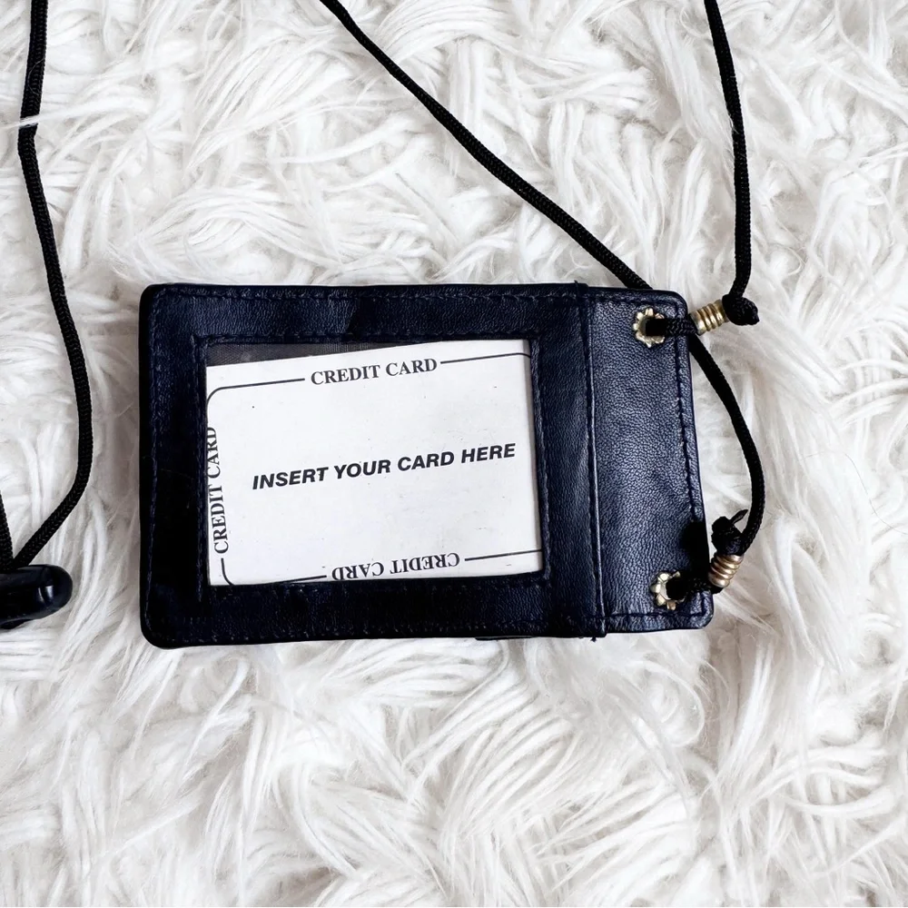 Black Leather Neck Wallet Card Holder Lanyard Travel Pouch OS